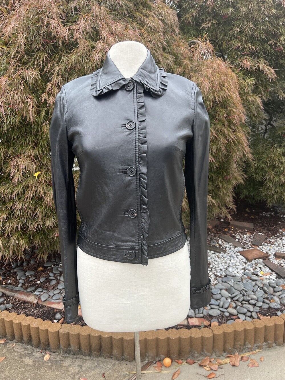 Allegri Black Leather Jacket With Ruffle Detals Size 42